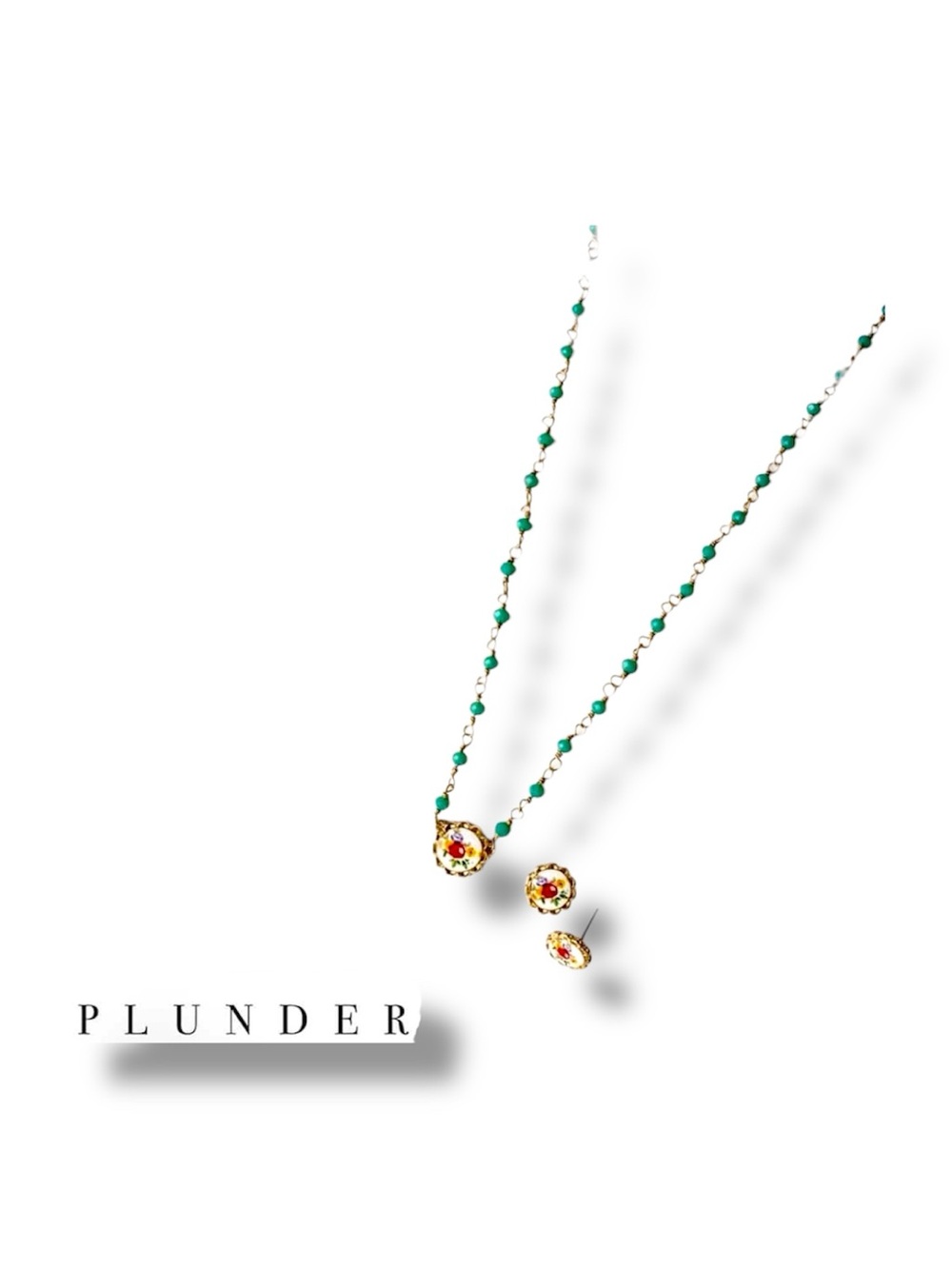 Plunder Gold-Tone Floral Pendant Necklace and Studs with Turquoise Beads